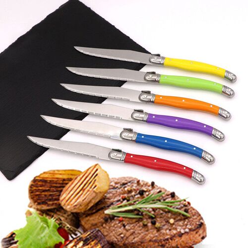 6pcs Laguiole Rainbow Steak Forks Dinner Knives set Colorful