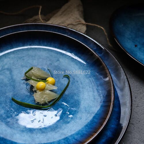 Ceramic Western Style Blue Round Flat Tray Food Steak Dinner