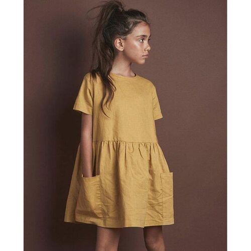 Fashion Cotton Linen Summer Girl Dress Yellow Casual Short S