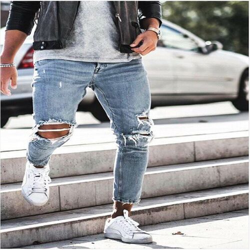 Denim Hole Mens Pants Slim-fit Slimming Sretch Trousers Men