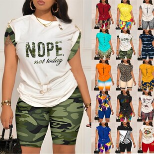 Pieces Set Printed Casual Letter Two Fashion Women Summer