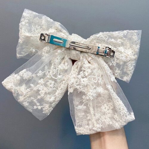 New Long Ribbon Mesh Bow Hair Clips Elegant Imitation Pearls