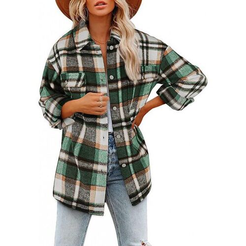 Explosive Womens Woolen Plaid Shirt Flannel Loose Shirt Jac