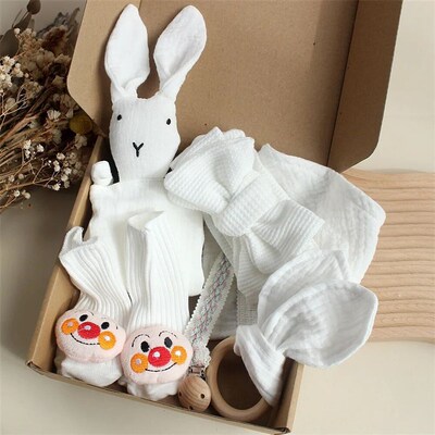 Baby Cotton Comforter Blanket Bibs Socks Headband 6Pcs Set G