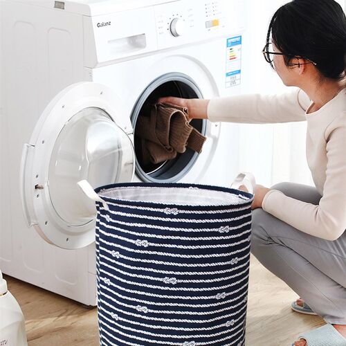 Collapsible Round Cotton Linen Laundry Basket Dirty Clothes