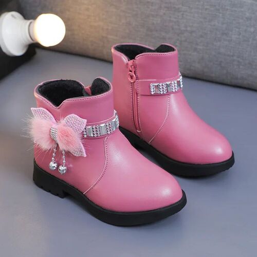 Childrens Shoes Girl Mid Length Warm Leather Boots Baby Bow