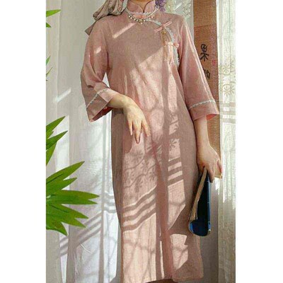 2019Ancient cheongsam retro artistic cotton and linen dress,