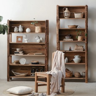 四格高架书柜客厅侘寂风复古民宿装饰书架办公室老松木实木置物柜