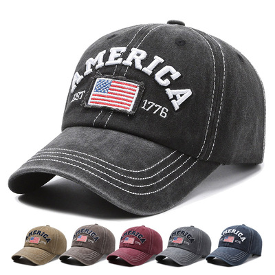 水洗做旧鸭舌帽刺绣AMERIA字母遮阳简约女棒球帽帽子