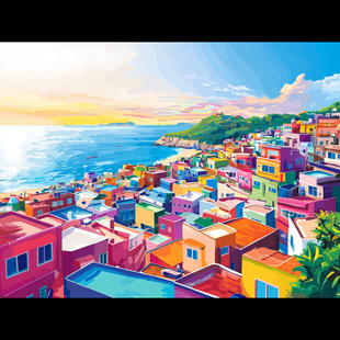 釜山风光数字油画风景治愈手绘按数字填色客厅装饰画