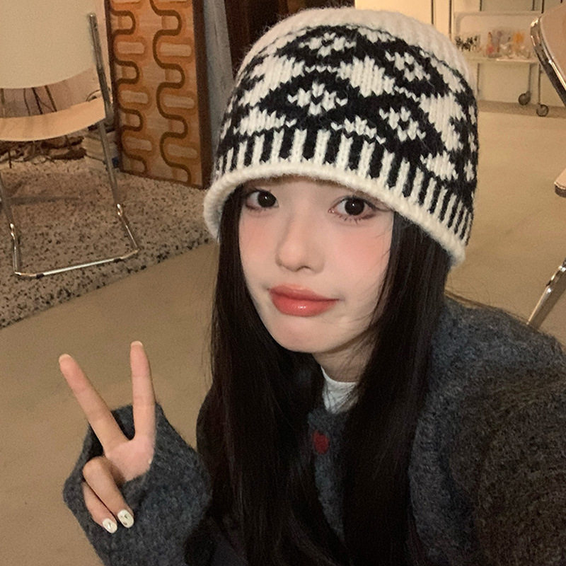 复古拼色菱形格子针织毛线帽女2025年秋冬显脸小包头冷帽保暖帽子,服饰配件/皮带/帽子/围巾,DIY编织材料包,淘宝优惠券,粉丝福利购,淘宝优惠卷