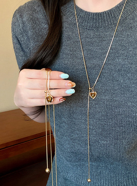 秋冬款港风复古美拉德虎眼石长款项链女抽拉式毛衣卫衣项链锁骨链