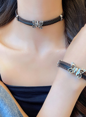 甜酷辣妹风暗黑锁骨链轻奢小众朋克摇滚皮质hoker项圈