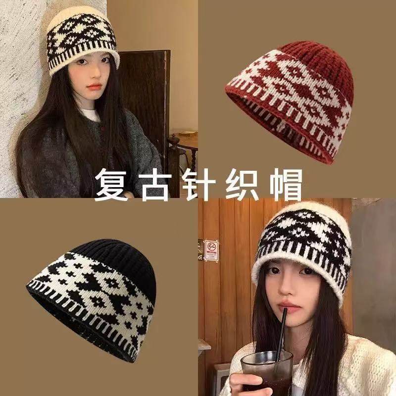 复古拼色菱形格子针织毛线帽女2025年秋冬显脸小包头冷帽保暖,服饰配件/皮带/帽子/围巾,DIY编织材料包,淘宝优惠券,粉丝福利购,淘宝优惠卷