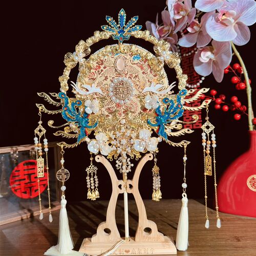 团扇新娘结婚秀禾喜扇diy材料婚礼扇子中式婚扇手工双面高级出嫁