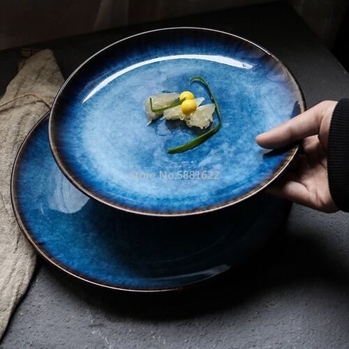 Ceramic Western Style Blue Round Flat Tray Food Steak Dinner