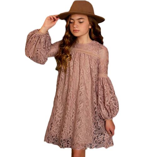 Girls Lace Long Sleeve Pink White Dress Baby Kids Bohemia El