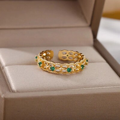 Zircon Green Geometric Ring For Women Stainless Steel Adjust