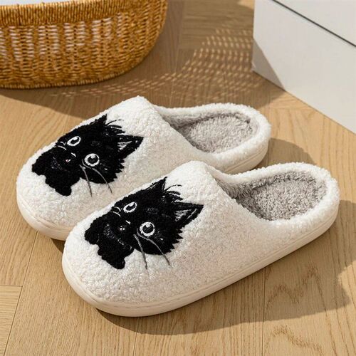 Winter Womens Slippers Indoor Cartoon Black Cat Cute Girls