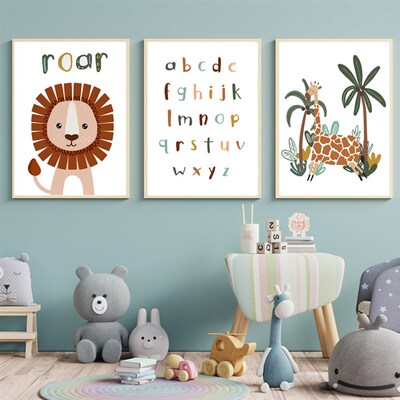 Lion Giraffe Monkey ABC Animal Nursery Wall Art  Painting No