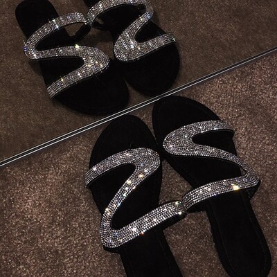 Sexy Women Sandals Summer Beach Shallow Mouth Rhinestones La
