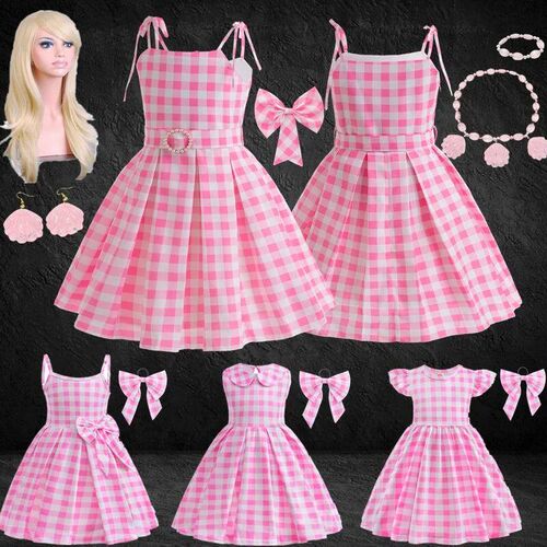 Movie Berbi Dress for Girls Pink Plaid Barbi Cosplay Kids Pr