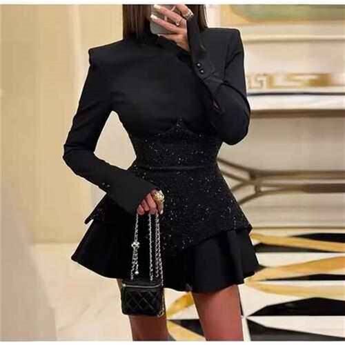 Fashion splicing sequins long sleeve round neck short skirt