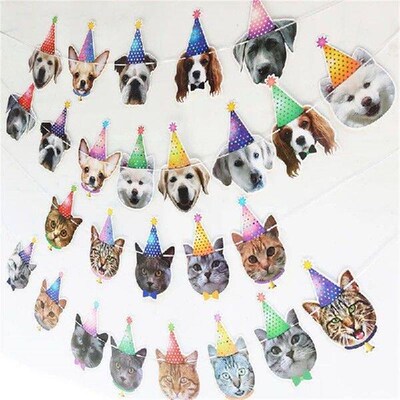 13 Flags Cat Dog Paper Banner Pet Happy Birthday Bunting