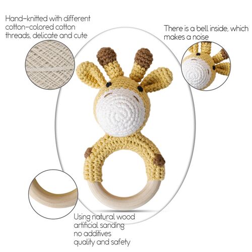 1PC Baby Rattle Toys Cartton Animal Crochet Wooden Rings Rat