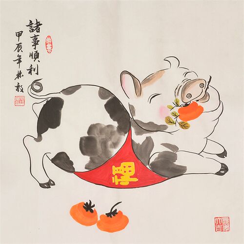 十二生肖猪诸事顺利纯手绘装饰画国画水墨画房间画客厅画办公室画