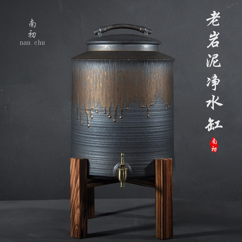 南初 鎏金水缸老岩泥储水罐饮水净水过滤带龙头茶室家用储水器