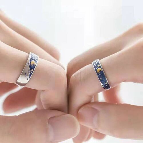 Romantic Star Moon Couple Rings Blue Starry Night Rings For