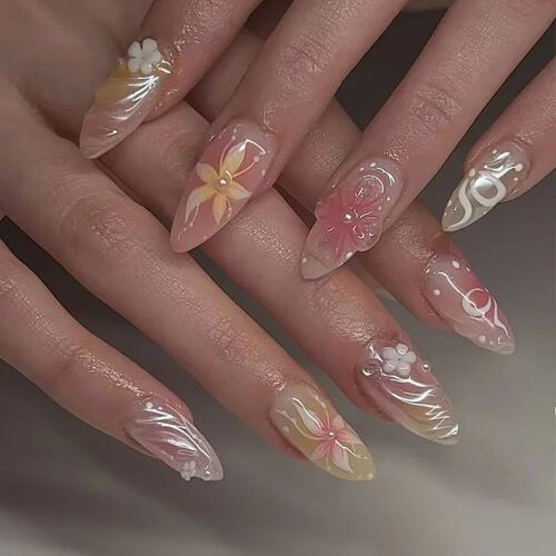 24pcs Almond Press on Nails Flower False Nails Wearable Stic