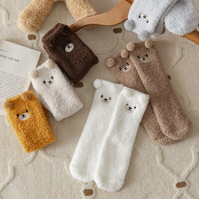 Women Socks 2022 Winter Cute Bear Coral Fleece Fuzzy Socks F