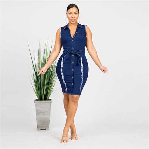 Summer New Woman Sleeveless Ripped Denim Dress Fashion Slim