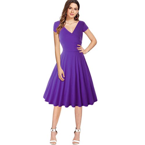 Oversize V Neck Slim Knee Length Dresses Short Sleeve Solid