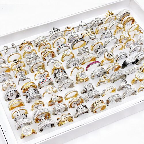 10Pcs/Lot Trendy Luxury Stainless Steel Zircon Crystal Rings