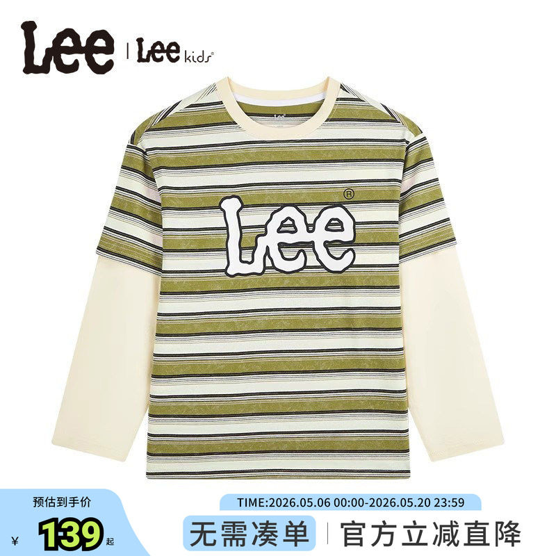 Lee kids儿童圆领套头长袖T恤春秋时尚条纹宽松男童女童百搭上衣
