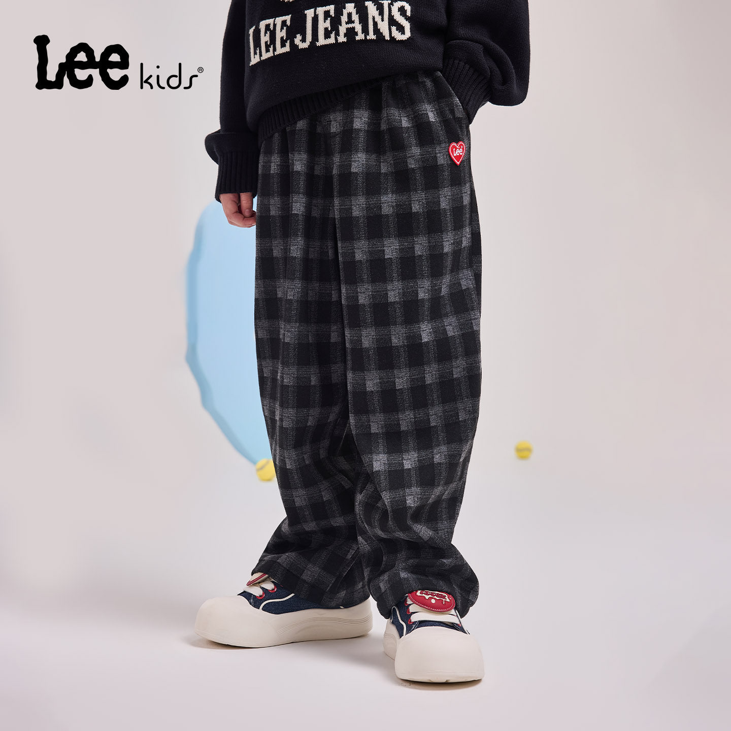 Lee kids儿童复古格纹阔腿裤男童女童宽松慵懒休闲大童加绒卫长裤