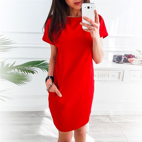 Women Casual Solid Color Short Sleeve Round Neck Pockets
