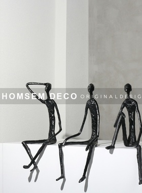 现代创意黑色铁艺人雕塑金属摆件酒店办公室玄关桌面摆设软装饰品