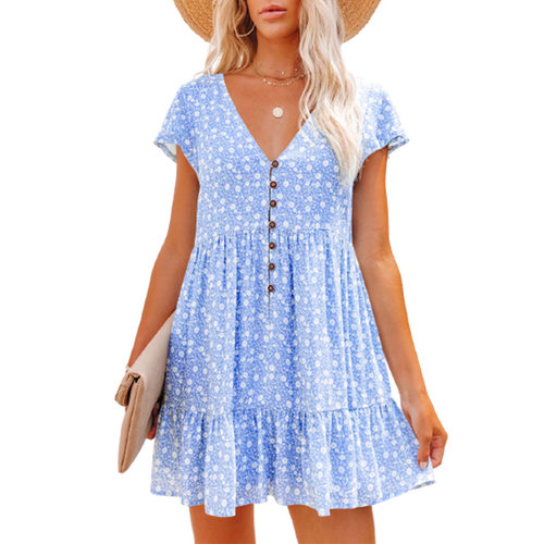 omen Blouse Dress Summer V Neck Short Sleeve Button Ruffle
