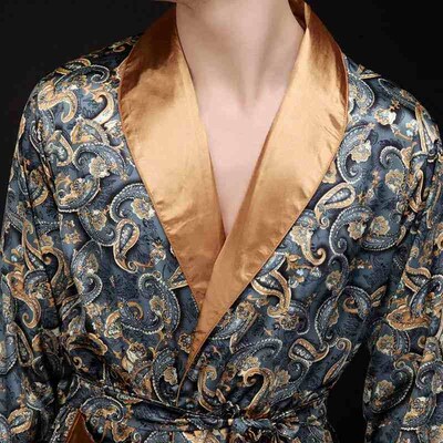 Coffee And Navy Blue Men Silk Robes 2024 Male Senior Satin S