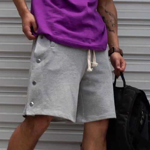Fashion Men Shorts Drawstring Two Side Buttons Solid Color S