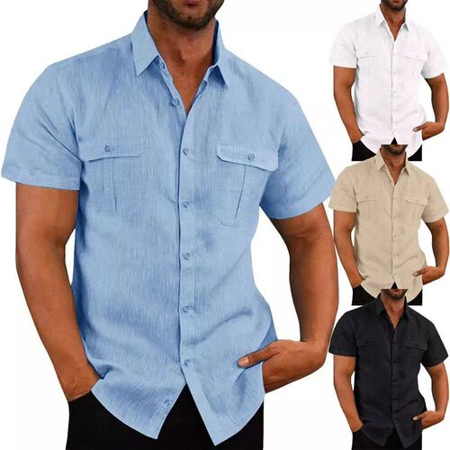 Mens Shirt Double Pocket Cotton Linen Short Sleeve Shirts
