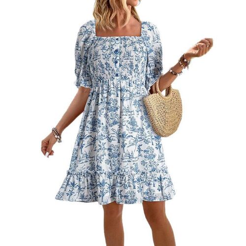 Casual 2025 Dress Short Sleeve Square llar Bohemian Floral V