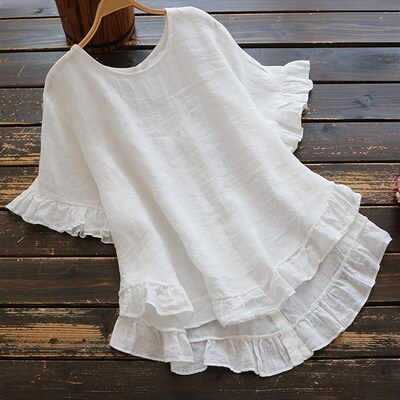 Summer 2025 Plain Relaxed Ruffled Round Neck Short Sleeve Bu