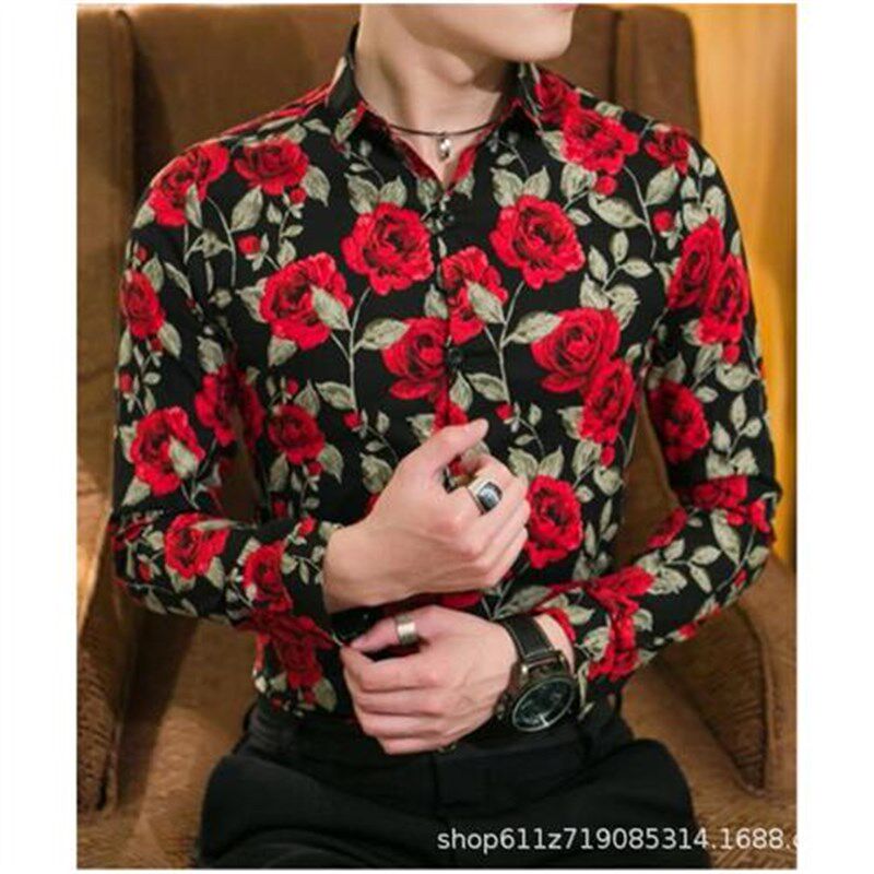 Mens casual floral long-sleeved shirt Hawaiian beach shirts