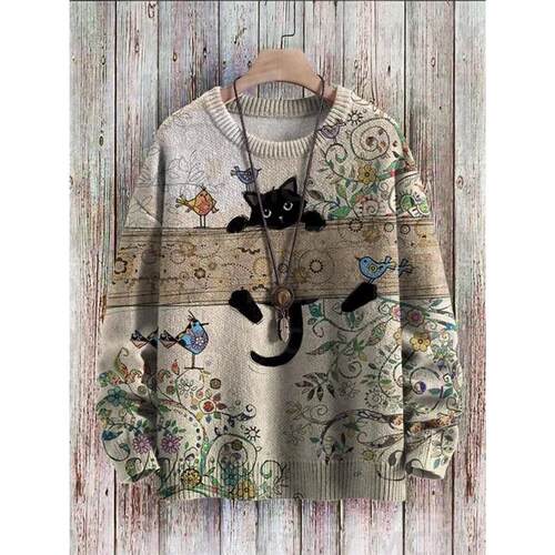 Cute Black Cat Flower Birds Art Pattern Print Casual Knit Pu