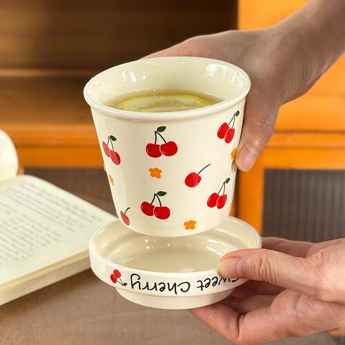 Portable Ceramic Travel Mug Cute Cherry Print for Office